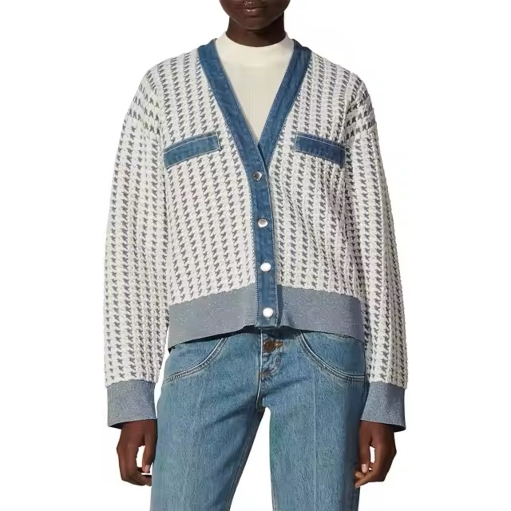 SANDRO Tweed Denim Cardigan Jacket